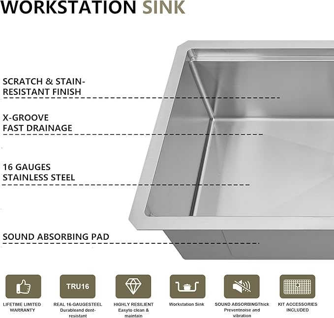 33 Inch Undermount Kitchen Sink, NANO-PVD 304 Stainless Steel Kitchen Sinks, 16 Gauge Deep Single Bowl Workstation Sink with Ledge & Accessories, 33"x19"x9" Deep and Large Basin