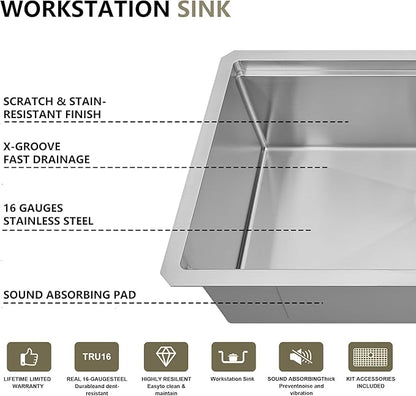 27 Inch Undermount Kitchen Sink,16 Gauge Stainless Steel Kitchen Sink Single Bowl, 27"x19"x9" Undermount Sink Ledge Workstation Sinks With All Accessories, Multi-Functional Sinks