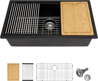 33 x 19 Inch Undermount Granite Composite Kitchen Sink Matte Black Quartz Workstation Single Bowl Deep Modern Design with Accessories