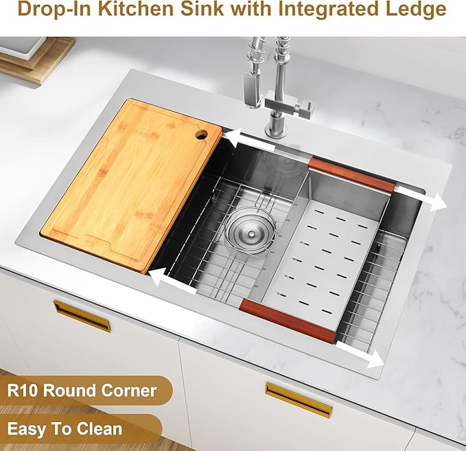Drop In Kitchen Sink 33" x 22",16 Gauge T-304S Stainless Steel Workstation Sinks with Accessories, 33" x 22" x 10" Large and Deep Top Mount Single Bowl Kitchens Sink for Home,Outdoor