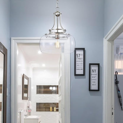 WUZUPS Chandelier Rustic Farmhouse Industrial Round Ceiling Pendant LED Light Fixture Clear Seeded Glass Shade for Dining Room Kitchen Island Foyer Entryway, H 17" x W 13.4", E26 Base, Brushed Nickel