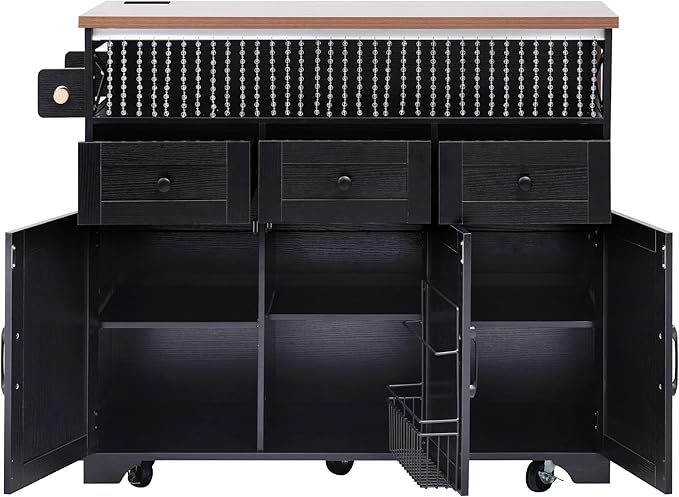 Ball & Cast 46.5" Kitchen Island with Drape of Beads&Power Outlet,Rolling Kitchen Cart on 5 Wheels W/ 3 Drawers,Kitchen Storage Cart W/Internal Iron Shelf&Towel Rack,for Kitchen,Dining Room,Black