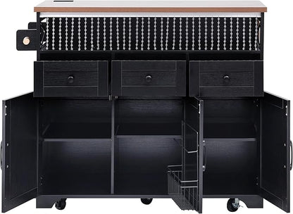 Ball & Cast 46.5" Kitchen Island with Drape of Beads&Power Outlet,Rolling Kitchen Cart on 5 Wheels W/ 3 Drawers,Kitchen Storage Cart W/Internal Iron Shelf&Towel Rack,for Kitchen,Dining Room,Black