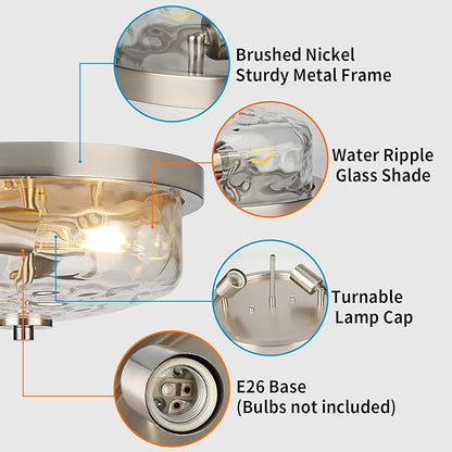 Brushed Nickel Flush Mount Light, Kitchen Ceiling Fixture with Water Ripple Glass Shade, 2-Light Outdoor Porch Flush Mounts for Hallway, Foyer, Entryway, Bathroom