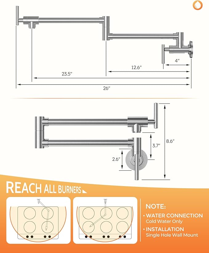 Pot Filler Faucet Brushed Nickel: WOWOW Stainless Steel Pot Filler Over Stove, Wall Mounted Kitchen Folding Faucet with Double Joint Swing Arms