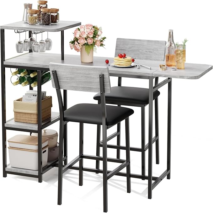 GAOMON 3-Piece Dining Set, Bar Table and Chairs Set for 2, High Top Table and Upholstered Chairs with Storage Shelves, Breakfast Nook, Bar Pub Set for Kitchen, Home Bar, Small Space