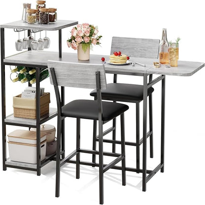 GAOMON 3-Piece Dining Set, Bar Table and Chairs Set for 2, High Top Table and Upholstered Chairs with Storage Shelves, Breakfast Nook, Bar Pub Set for Kitchen, Home Bar, Small Space