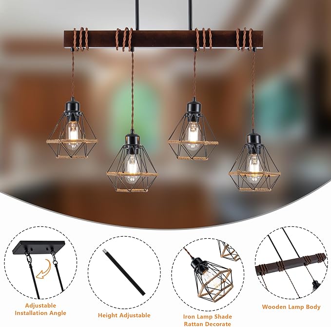 4 Light Kitchen Island Lighting, Farmhouse Chandeliers for Dining Room Light Fixtures Over Table, Modern Wood Pendant Lights Kitchen Island with Metal Lampshade