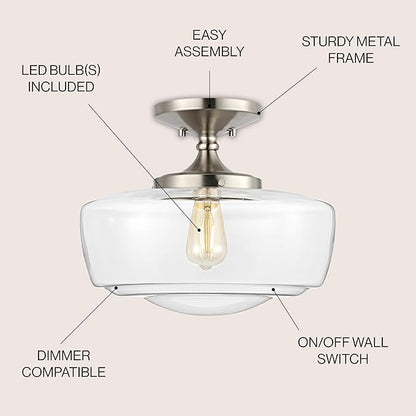 JONATHAN Y 14" Nickel Modern Farmhouse LED Flush Mount Light Fixture, Clear Glass Shade, Rustic Industrial Schoolhouse Lamp for Kitchen Hallway Bedroom (JYL7517D)