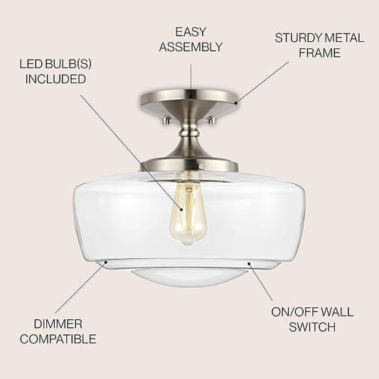 JONATHAN Y 14" Nickel Modern Farmhouse LED Flush Mount Light Fixture, Clear Glass Shade, Rustic Industrial Schoolhouse Lamp for Kitchen Hallway Bedroom (JYL7517D)