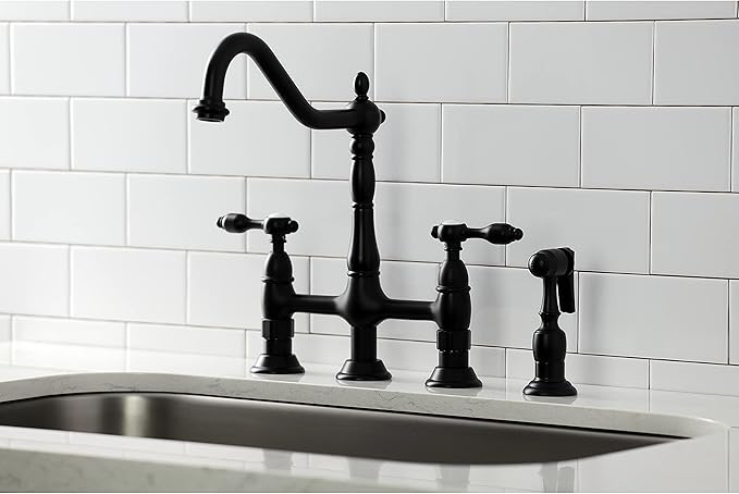 Kingston Brass KS1270TALBS Two-Handle 4-Hole Deck Mount Bridge Kitchen Faucet with Brass Sprayer in Matte Black