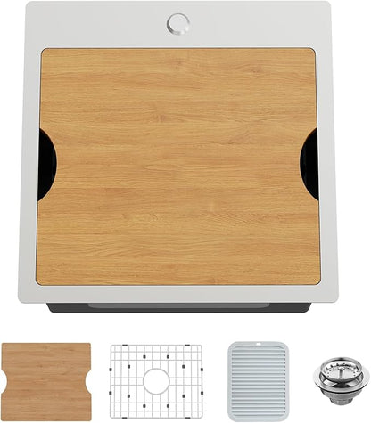 Kitchen Sink Workstation,18x18 In Stainless Steel Drop In Single Bowl Bar Sink Built-in Ledge Small Topmount Workstation Sink With Accessory-SS Grid Cutting Board,Silicon Mat,Drain Assembly