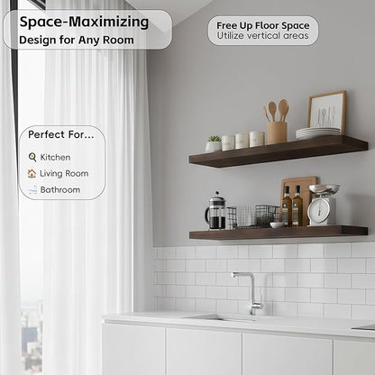 Lufia Floating Wall Shelves, Set of 2, MDF with Invisible Brackets, Modern Storage for Bedroom, Bathroom, Living Room, Kitchen (Rustic Brown, 24" W x 7" D x 1.5" H)