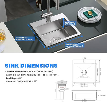 POPFLY 15×15 Inch Drop In Kitchen Sink, Stainless Steel Single Bowl Single Hole Handmade Rv Sinks, 18 Gauge SUS 304 Topmount Utility Outdoor Bar or Prep Sink, Brushed Nickel