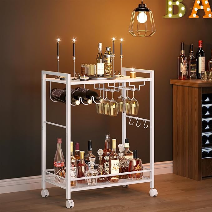 Joaxswe Bar Cart, Home Bar Serving Cart with 2-Tier Shelf,Rolling Beverage Cart with Wheels,Mobile Kitchen Shelf,Modern Wine Drink Cart with Wine Rack and Glass Holder for Kitchen,Dinning Room,White