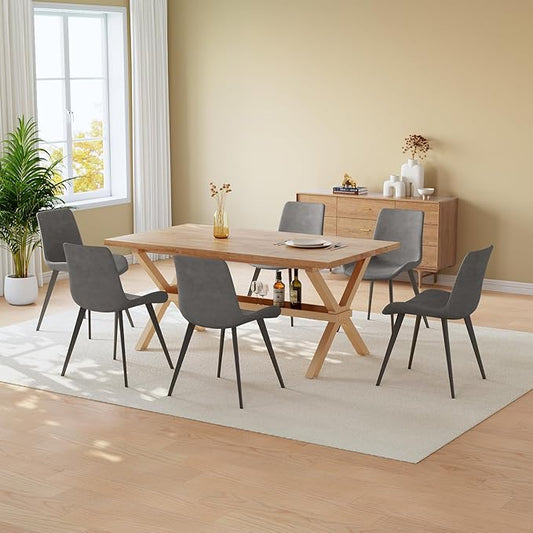 HIPIHOM 63" Dining Table Set for 6 People, MDF Kitchen Table with PU Leather Chairs, Heat-Resistant Top abd Metal Legs, Mesa de Comedor Perfect for Family Gatherings