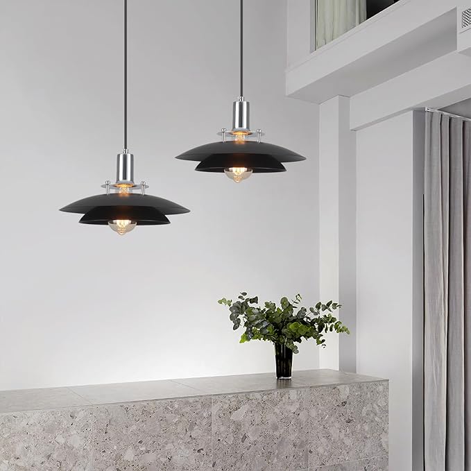 1-Light Modern Black Pendant Lights Kitchen Island, 11.8 inch Farmhouse Pendant Light, Kitchen Pendant Lighting with Double-Tier Shade, Island Pendant Light for Kitchen, Dining Room Bedroom