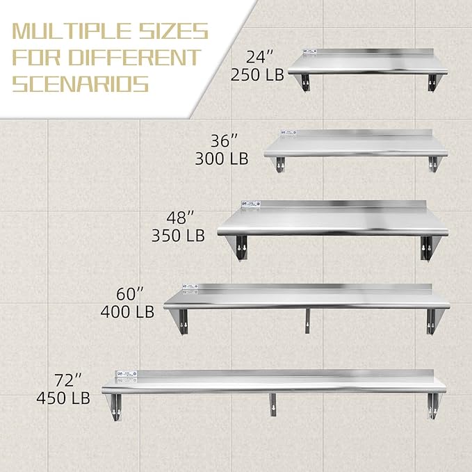 Hally Stainless Steel Shelf 14 x 48 Inches, 350 lb, Commercial Wall Mount Floating Shelving for Restaurant, Kitchen, Home and Hotel