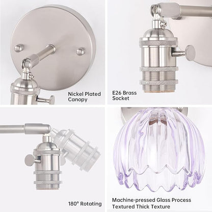 Shenmoyl Vintage Wall Sconce Set of 2 - Rechargeable Battery Powered with Remote Control, Translucent Purple Tulip Glass Shade (5000mAh) for Bedroom/Doorway
