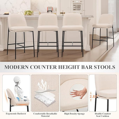 COLAMY Counter Height Bar Stools Set of 6, 25 Inch Modern Fabric Kitchen Island Stools with Back, Upholstered Counter Barstools Armless Bar Chairs with Metal Legs for Island Dining Room Bar,Beige