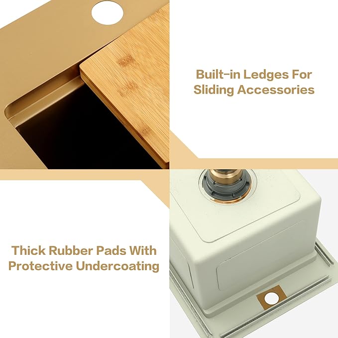 15 Inch Gold Sink Undermount, 16 Gauge 304 Stainless Steel Workstaion Kitchen Sinks with Ledge & Accessories, 15" x 17" x10" Deep Bowl For Outdoor, RV,Prep Sink, and Wet Bar