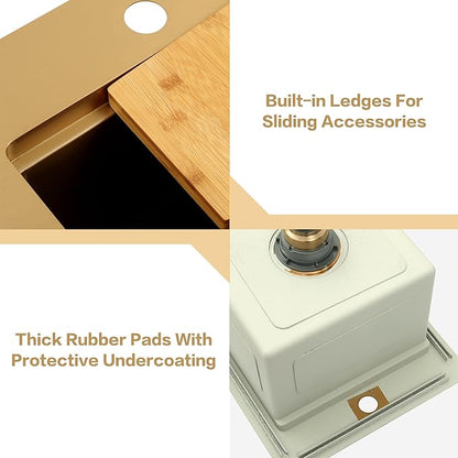 15 Inch Gold Sink Undermount, 16 Gauge 304 Stainless Steel Workstaion Kitchen Sinks with Ledge & Accessories, 15" x 17" x10" Deep Bowl For Outdoor, RV,Prep Sink, and Wet Bar