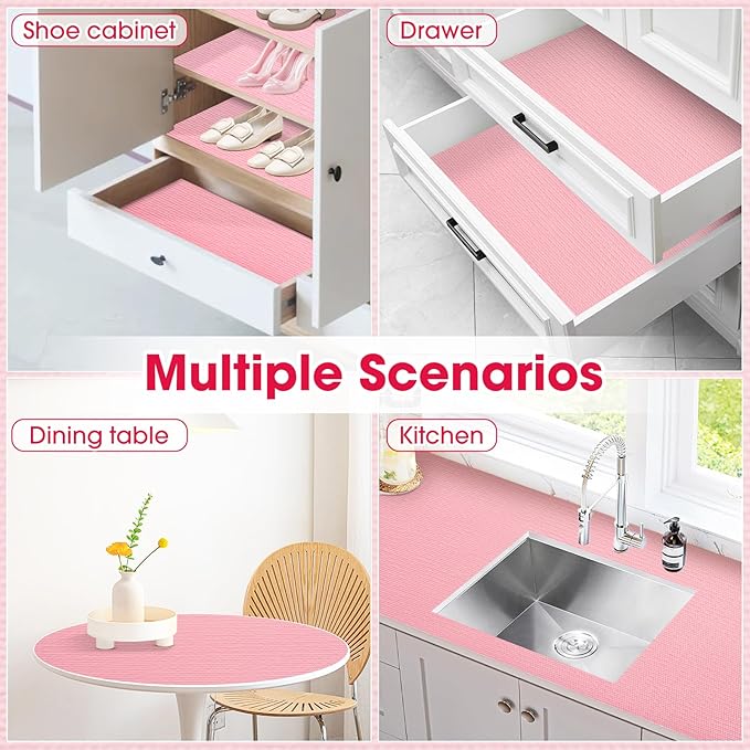 Drawer and Shelf Liner, Non-Slip Kitchen Cabinet Liners Non-Adhesive Thick Strong Grip Waterproof Washable Mats Protect Dresser Shelves Cupboard Bathroom Cabinets, Pink, 18 in X 20 FT