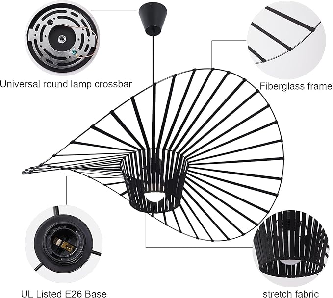 Modern Black Woven Chandelier, 47.2 inch Farmhouse Coastal Hat Pendant Light Fixtures Matte Black Handwoven Shade Boho Pendant Hanging Lamp for Dining Room Kitchen Bedroom Foyer Hallway living room