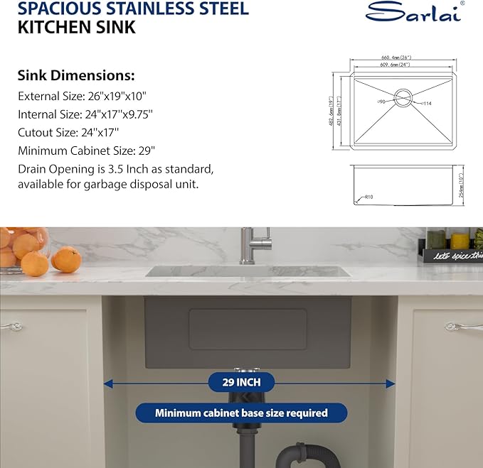Sarlai 26 Undermount Kitchen Sink - 26" x 19" Undermount Kitchen Sinks Workstation Stainless Steel 16 Gauge Single Bowl Under Counter Kitchen Sink Basin With Round Corner Thickened Plate