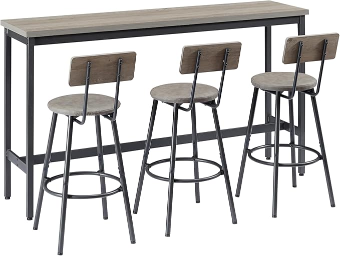 KEIKI Long Bar Table Set with 3 PU Upholstered Bar Stools, Industrial Counter Height Dining Table and Chair Sets for Kitchen, Living Room, Small Space, Grey
