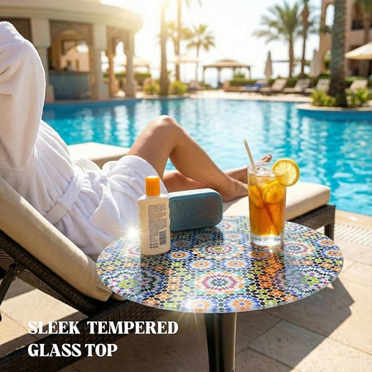 Simmer Stone 13.4" Outdoor Side Table, Round Patio Bistro Table Printed Tempered Glass Top, Waterproof Rust-Proof Base, Small Plant Stand for Balcony, Garden, Deck, 21.6" H (Morocco)