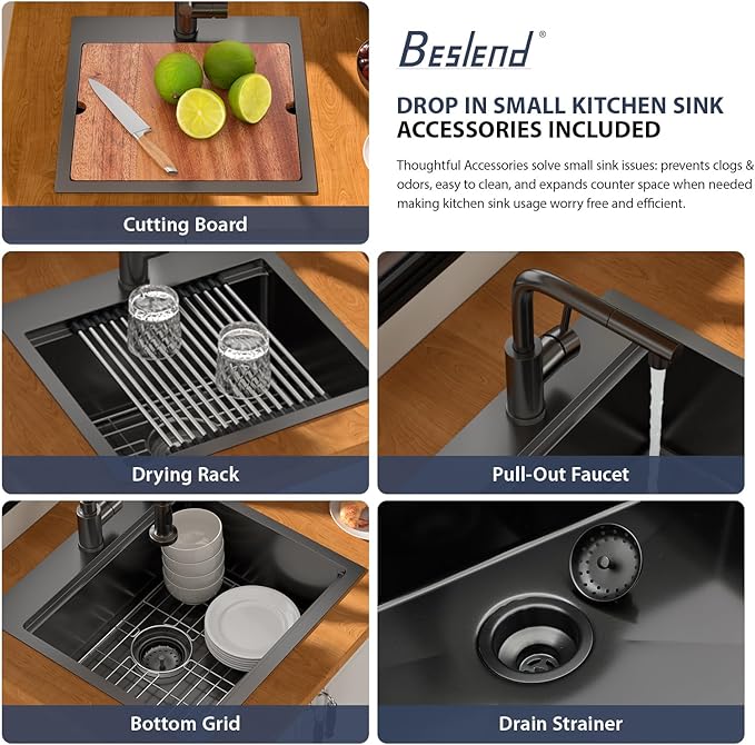 18 Inch Outdoor Kitchen Sink with Faucet- Beslend Gunmetal Black 18x18 Drop In Outdoor Bar Sink, 16 Gauge Stainless Steel Kitchen Sinks Workstation Single Bowl Above Counter Indoor Outdoor