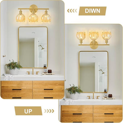 Gold Bathroom Light Fixtures Over Mirror, 3 Light Bathroom Vanity Light Fixture with Tulip Amber Glass Lampshade, Vintage Vanity Lights for Bathroom, Bathroom Vanity Lights Over Mirror
