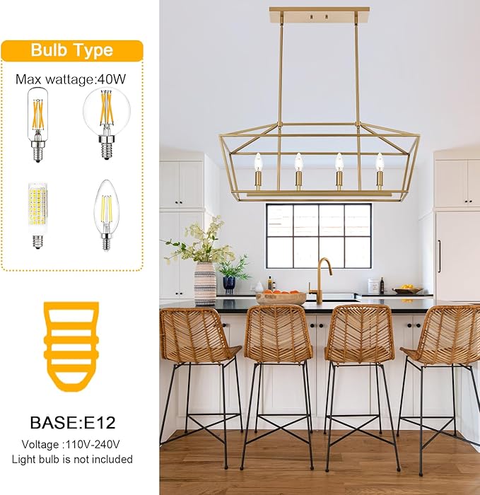 BONLICHT Traditional Dining Room Linear Chandelier Brushed Brass 4 Light Farmhouse Kitchen Island Lantern Pendant Lighting Fixture Hanging Rectangle Gold Pendant Lamp for Restaurant Bar, E12 Base