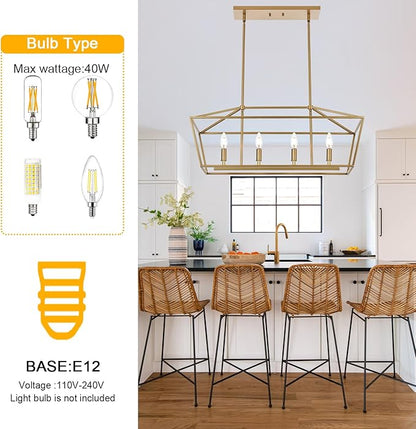 BONLICHT Traditional Dining Room Linear Chandelier Brushed Brass 4 Light Farmhouse Kitchen Island Lantern Pendant Lighting Fixture Hanging Rectangle Gold Pendant Lamp for Restaurant Bar, E12 Base