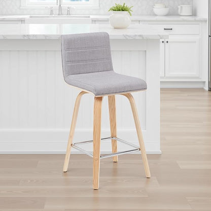 Vienna Modern Counter Height Swivel Bar Stool with Grey Upholstered Seat and Patterned Oak Wood Frame Set of 2