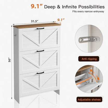 Nicetree Barn Door Shoe Cabinet for Entryway - Modern Farmhouse Shoe Storage Cabinet with 3 Flip Drawers - Slim Hidden Shoe Organizer for 24-32 Pairs - Fits Size 12 Work Boots White