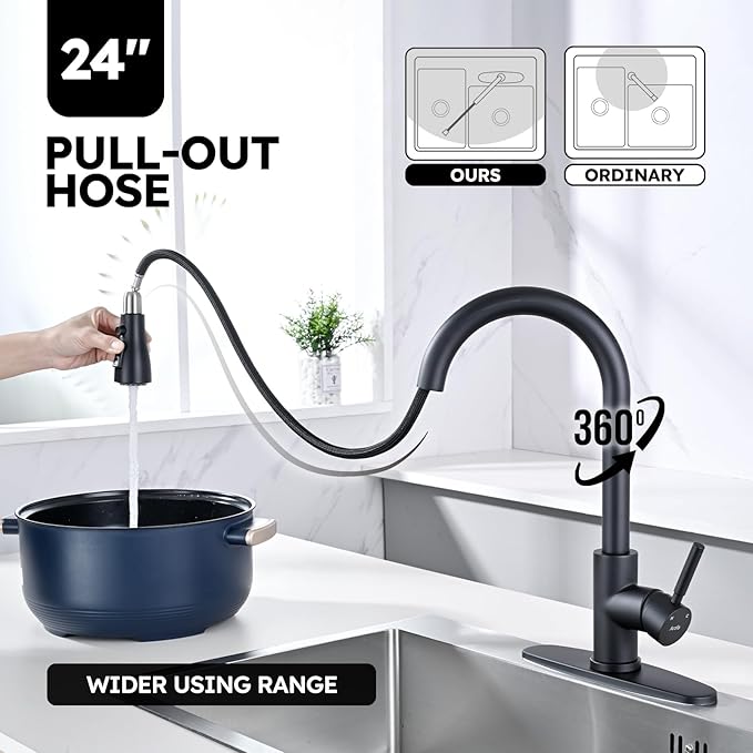 Arofa Kitchen Faucet with Soap Dispenser, Stainless Steel Kitchen Sink Faucet with Pull Down Sprayer 3 Mode Single Handle Gooseneck Pull Out Kitchen Faucet, Matte Black Bathroom Sink Faucet