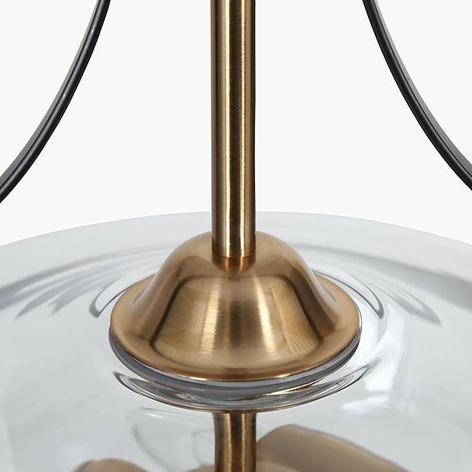 KSANA Black and Gold Chandelier, 3-Light Mid-Century Modern Pendant Lighting Fixture with Clear Glass and Electroplated Brass Accents for Dining Room, Kitchen and Bedroom