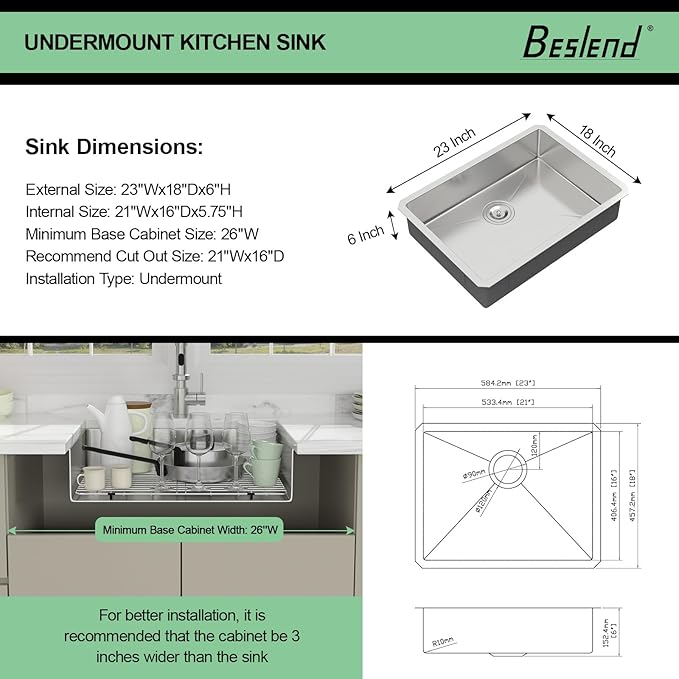 25 Inch Undermount Kitchen Sink - Beslend ADA 6 Inch Depth 25x18 Undermount Sinks Stainless Steel 16 Gauge Mobility Friendly Sink for Wheelchair Accessible & Accessible Design Kitchen