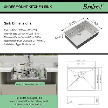 25 Inch Undermount Kitchen Sink - Beslend ADA 6 Inch Depth 25x18 Undermount Sinks Stainless Steel 16 Gauge Mobility Friendly Sink for Wheelchair Accessible & Accessible Design Kitchen
