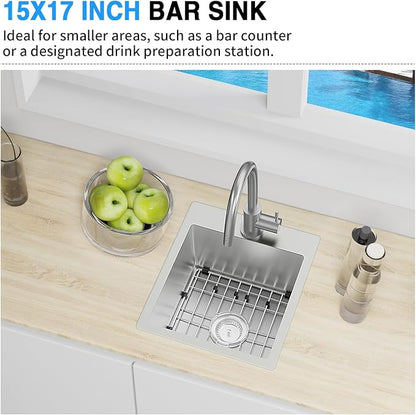 Kitchen & Bar Sink,15x17 Inch Bar Sink Stainless Steel Drop In Small Kitchen Sink Ideal Choice For Small Spaces Topmount Sink With Bottom Grid,Soap Mat And Drain Assembly Serve Both Kitchen And Bar