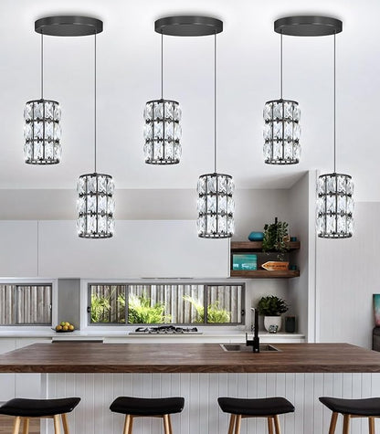 2-Lights Modern Crystal Pendant Lights for Kitchen Island LED Dimmable Glam Pendant Lighting Chandelier for Dining Room Hallway Corner Lamp Black
