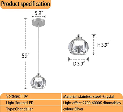 Modern Led Crystal Ball Pendant Light Kitchen Island, Mini Crystal Chandelier for Dining Room 3000K-6000k,5W Chrome