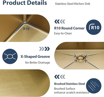 Lordear 33 Inch Drop In Kitchen Sink Gold Brushed 33x22 Workstation Stainless Steel 16 Gauge Single Bowl Handmade Topmount Kitchen Sink with Cutting Board
