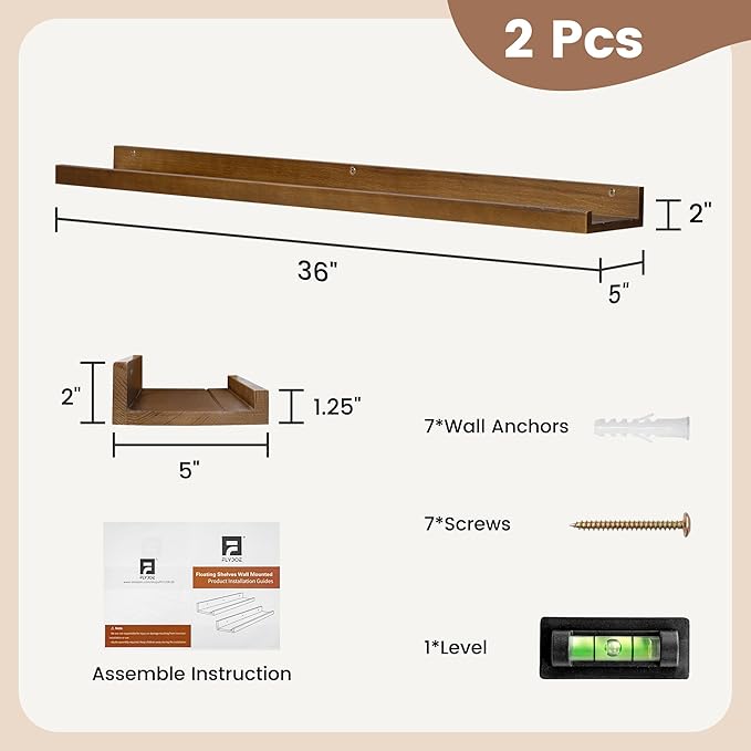 FLYJOE Picture Ledge Shelf for Wall, 36 inch Solid Ash Wood Nursery Book Shelves 2 Packs, Floating Shelves for Kids' Room Bedroom Bathroom Living Room Photo Frames Office Nursey Wall Decor, Walnut