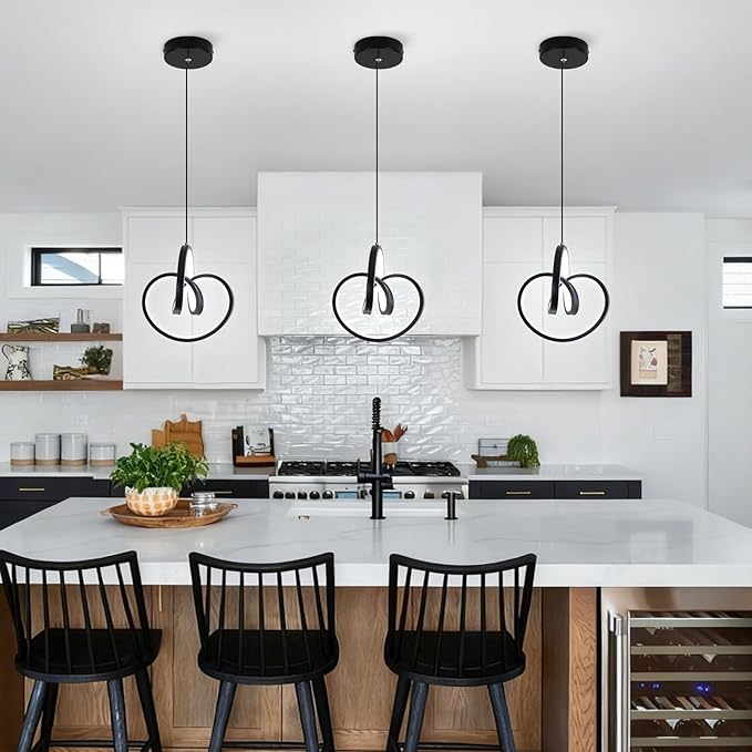 Modern LED Pendant Light Fixtures 6000K Pendant Lights Kitchen Island Lighting Adjustable Height Black Hanging Lamp for Dining Room Bedroom Living Room (1 Pack)