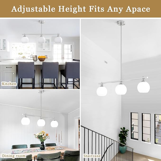 Modern Kitchen Island Lighting 3 Light Brushed Nickel Chandelier With Milk Glass Shades Farmhouse Linear Chandeliers for Dining Room Light Fixtures Over Table Hanging Pendant Lights for Living Room