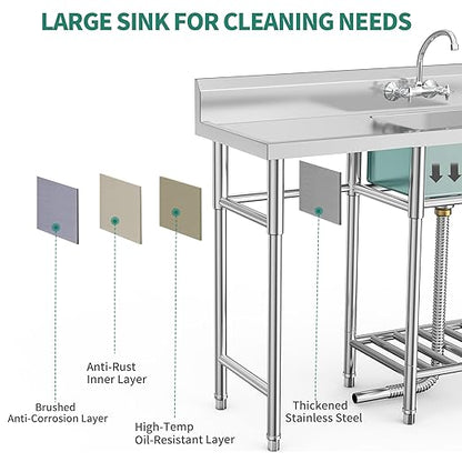 YITAHOME Stainless Steel Freestanding Utility Large Sink with 2 Drainboards & Cart Storage Space, Single Bowl NSF Commercial Prep Sink W/Storage Shelf for Restaurant, Laundry, Garage,Outdoor 50in