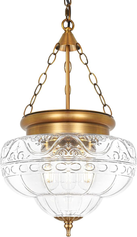 3-Light Brown Bronze Pendant Lights with 12In Floral Glass, Penant Lighting Fixtures with Adjustable Chain, Vintage Pendant Lights Kitchen Island, Hanging Light Fixtures for Dining Room, Entryway, E26